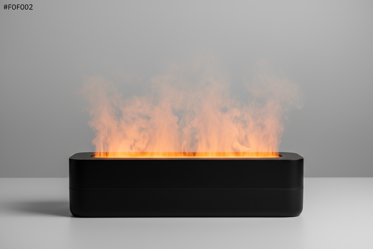 fait moi un diffuseur d'arômes sous la forme d'un boitier noir et par dessus il y a de la vapeur d'eau qui sors de couleur orange clair, il sort sur toute la longueur du dessus du boitier, tout ça sur un fond F0F0F2